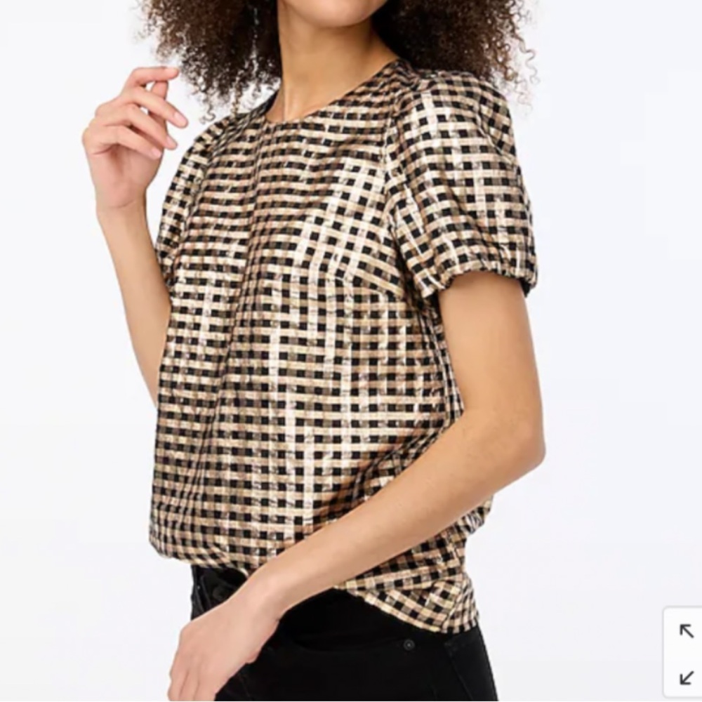 New, J.Crew Lurex Puff Sleeve Gold Checkered Blouse